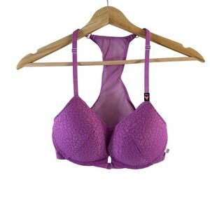 Victoria Secret Push Up Bra Purple Lace T Back Front Closure Size 34 B